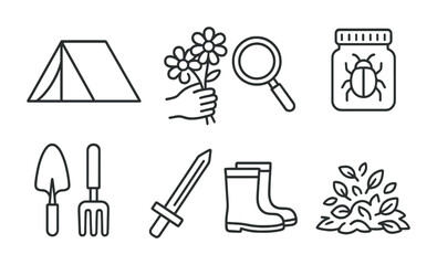 Camping and outdoor line icons set – outline, silhouette, nature exploration symbols