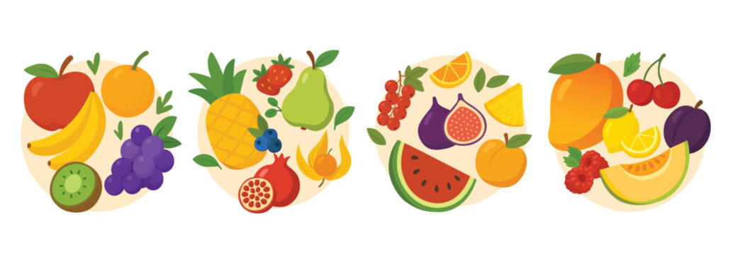 Collection of assorted fruits including apple, banana, kiwi, pineapple, pear, berries, fig, melon, and citrus slices. Flat vector illustration on white background. Healthy nutrition