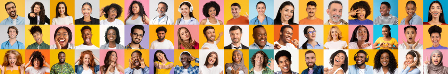 Fototapeta premium A vibrant collage showcases joyful faces of people from various backgrounds. Set against bright backgrounds, this collection reflects the beauty of diversity and inclusivity.