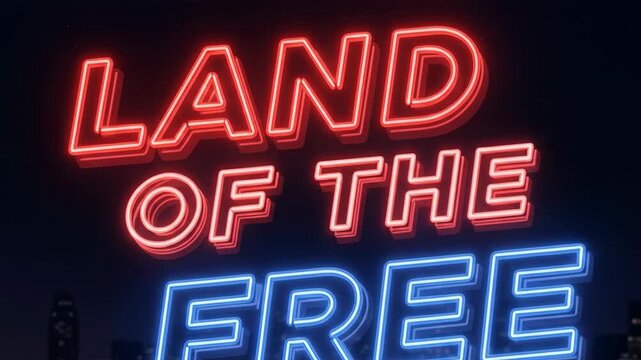 Neon glowing text land of the free over city skyline at night with sparkles
