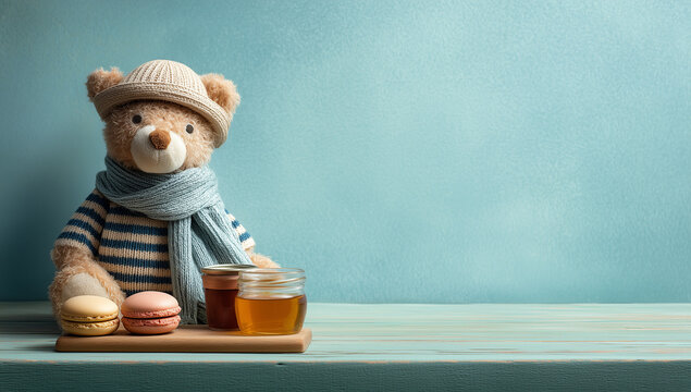Cozy teddy bear with tea and scarf