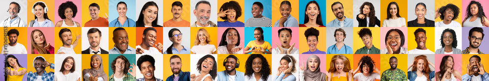 Poster a vibrant collage showcases diverse individuals smiling and expressing joy against colorful backgrou