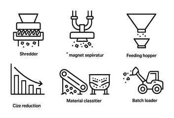 Industrial process outline icons set – manufacturing, machinery, production symbols