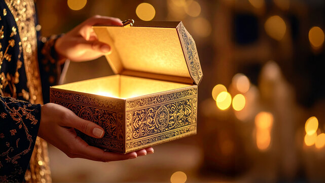 A person gently holds an intricately designed gold and black treasure box, its open lid revealing a radiant, glowing light. The blurred bokeh background enhances the enchanting and mysterious atmosphe