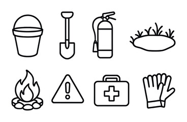 Camping and outdoor line icons set – flat, outline, adventure and wilderness symbols
