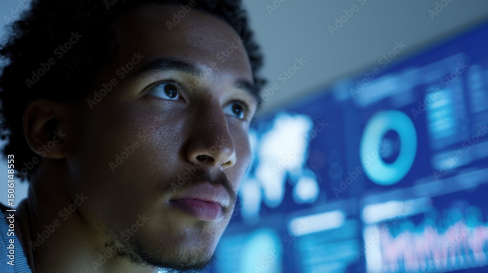 Poster focused young man analyzing data on screen in blue light, illustrating technology and future innovat