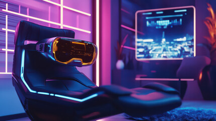 Virtual Reality Lounge: A sleek, modern lounge setup with an immersive virtual reality headset, a high-tech computer monitor displaying a futuristic city, neon lights.