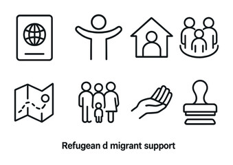 Refugee and migrant support line icons set – outline, shelter, aid symbols