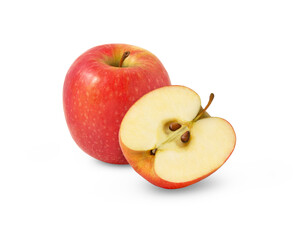 Pink fresh apple and a half isolated. Red apple with cut in half isolated.