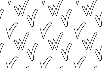 Seamless pattern, coloring page with abstract geometric doodle of checkmark, and alongside stylized W-shapes. For entertaining kids, black and white design, DIY craft, and wrapping paper or wallpaper.