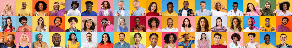 Poster a vibrant collage features diverse individuals smiling and expressing joy. each person is set agains
