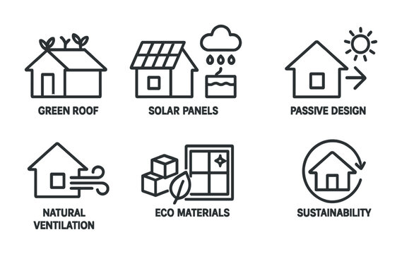 Sustainable architecture line icons set – green, eco-friendly, building symbols