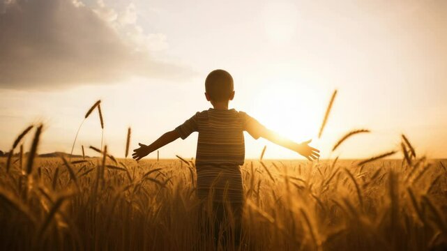 Silhouette of a young boy standing in a golden wheat field with his arms outstretched, embracing the warmth of the setting sun and enjoying the freedom of nature