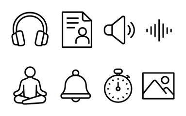 Audio and meditation outline icons set &ndash; line, simple, sound and relaxation symbols