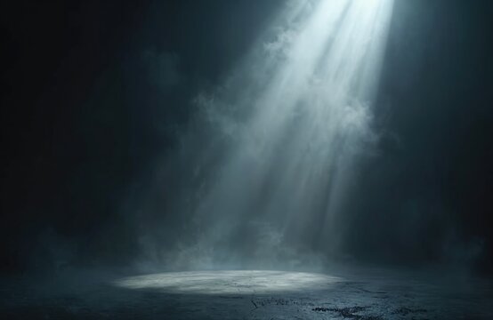 Bright light beam shines down. Spotlight in darkness. Dramatic stage effect with smoke. Suitable for design, artistic themes, or presentations. Adds mystery and visual interest. Background for events.
