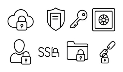 Security and privacy outline icons set – linear, protection, digital safety symbols