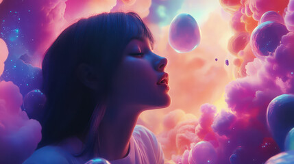 Dreamy Serenity: A portrait of a woman immersed in a vibrant cloudscape, capturing a moment of quiet contemplation and inner peace, amidst the soft hues and surreal floating forms.