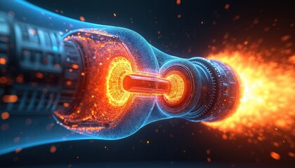 Illustration jet engine combustion simulation heat dynamics, temperature spread velocity visuals for combustion efficiency, air flow. Tech, energy, power, aviation, innovation.
