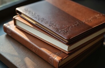 Obraz premium Stack of wedding photobooks with brown leather binding. Family photo album with embossing cover of genuine leather. Pro photographer, designer services for bride and groom. Wedding day, memory.