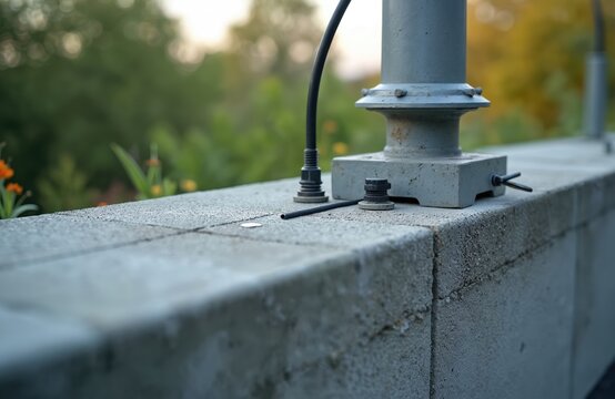 Close-up of lightning rod on concrete rooftop. Protects buildings against electrical damage from storms. Industrial electrical safety equipment, lightning protection system. Urban tech safety.