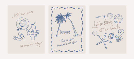 Summer beach posters with quotes and doodles. Coastal card set. Event invitation poster template. Hand drawn frame illustration. Graphic ink style sketch.