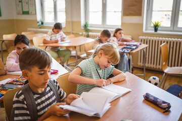 school girl and boy pupils attend class in the classroom
