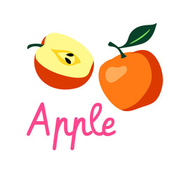 Whole and halved apple fruit with green leaf and seeds, flat cartoon style on white background. Concept of healthy food and fruit education for kids. Vector illustration