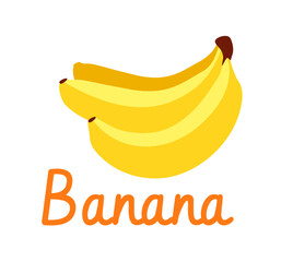 Bright yellow banana bunch with stylized shapes and bold outlines on a plain white background, concept of tropical fruit and healthy food. Vector illustration