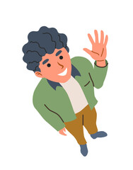 Cartoon-style man with curly hair smiling and waving, seen from above, wearing casual clothes, on a white background. Concept of greeting or friendliness. Vector illustration