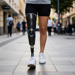 Close-up of legs of sporty woman with leg prosthesis in the city