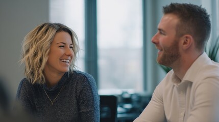 Obraz premium Smiling Businesswoman and Businessman Talking During Meeting, Showcasing Teamwork and Corporate Communication for Collaboration and Innovation : Generative AI