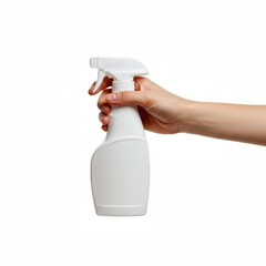 Hand holding cleaning spray bottle isolated on white background