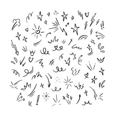 Set of hand drawn doodle cute design elements. Motion, movement, magic effect, heart, star shape. Handwritten sketch vector icons. Firework, burst, glitter, bling crayon playful freehand scribbles