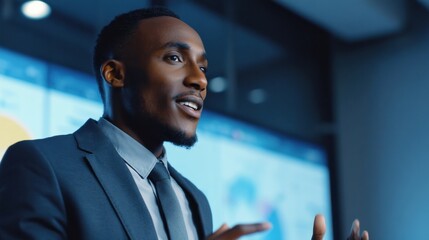 Fototapeta premium African American Businessman Giving Presentation in Modern Office, Showcasing Leadership and Corporate Strategy for Professional Development and Team Motivation : Generative AI