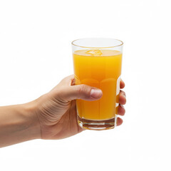 Hand holding glass with orange juice isolated on white background