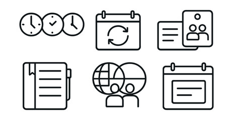 Line style icons of work and productivity: time zone clocks, calendar sync icon, meeting invite card, day planner icon, remote timezone overlap, shared schedule icon, task window, event block icon.