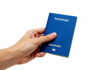 Hand holding passport isolated on white background