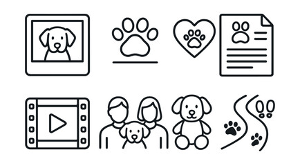 Fototapeta premium Line style icons of family memory archive: pet memory photo, paw print with date, animal keepsake icon, goodbye letter to pet, pet video reel, family with animal icon, toy of pet symbol