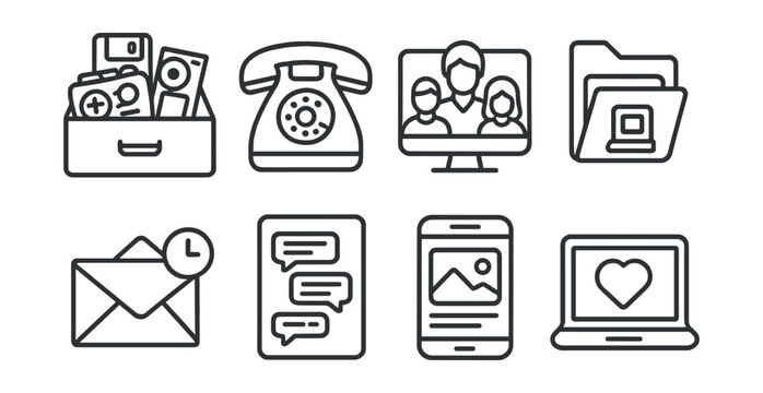 Line style icons of family memory archive: drawer of old tech, outdated phone icon, family group photo screen, early computer files, email from past badge, chat log archive, social memory screenshot