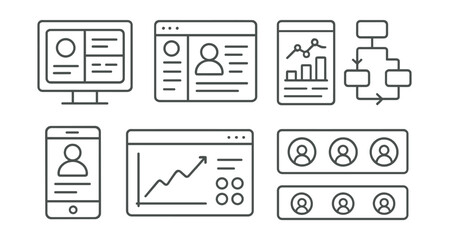 Line style icons of remote work: dashboard with widgets, work overview panel, remote analytics snapshot, real-time task flow, daily check-in screen, overview metrics chart, quick launch button