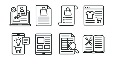 Line style icons of e-commerce: reading product reviews, long-form description icon, feature list scroll, article-based selling, content + shopping combo, buyer guide screen, detailed specs panel