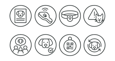 Line style icons of pets at home: lost pet flyer icon, microchip scanner, GPS collar badge, pet alert symbol, community post circle, found pet icon, QR tag symbol, pet recovery system. Circular icons