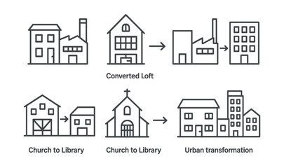 Line style icons of architecture and cities: adaptive reuse project, converted loft icon, old factory renewal, warehouse to office, church to library, barn into gallery, school to housing, urban