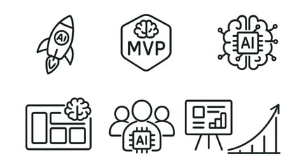 Line style icons of artificial intelligence: startup with AI icon, intelligent MVP badge, AI pitch deck layout, founder’s model board, early adoption users panel, startup growth curve