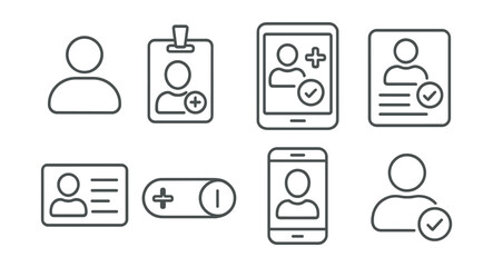 Line style icons of healthcare technology: user profile icon, patient avatar badge, custom treatment screen, personalized plan card, user ID with bio, care access toggle, mobile health user