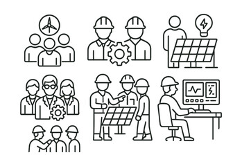 Line style icons of sustainable energy: sustainable energy team icon, engineers collaboration badge, R&D in renewables panel, energy lab group, field installation crew symbol, teamwork on-site icon