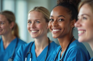 Group of smiling healthcare workers. Happy medical team in scrubs with stethoscopes looking at camera. Diverse women celebrate success. Teamwork appreciation, motivation, recognition.