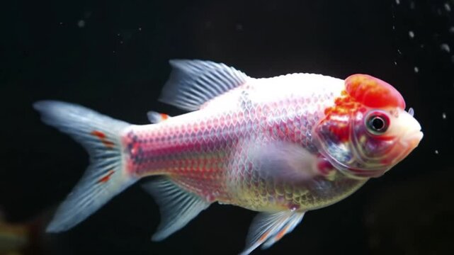 Ultra detailed professional video of Oranda Red Cap goldfish (Tancho / 丹頂) with vivid red wen and pearlescent white body, captured with cinematic lighting in an elegant aquarium environment