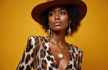 African American fashion model poses studio. Woman wears cow print cowgirl style jumpsuit, cowboy hat. Gold statement accessories accentuating outfit. Confident, trendy look, perfect for editorial © Vadym