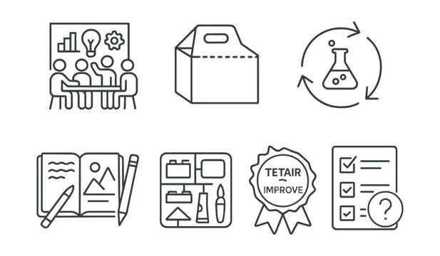 Line style icons of creative learning in school: project-based learning icon, cardboard prototype symbol, experiment and reflect loop, student notebook with sketch, model-making kit, test and improve